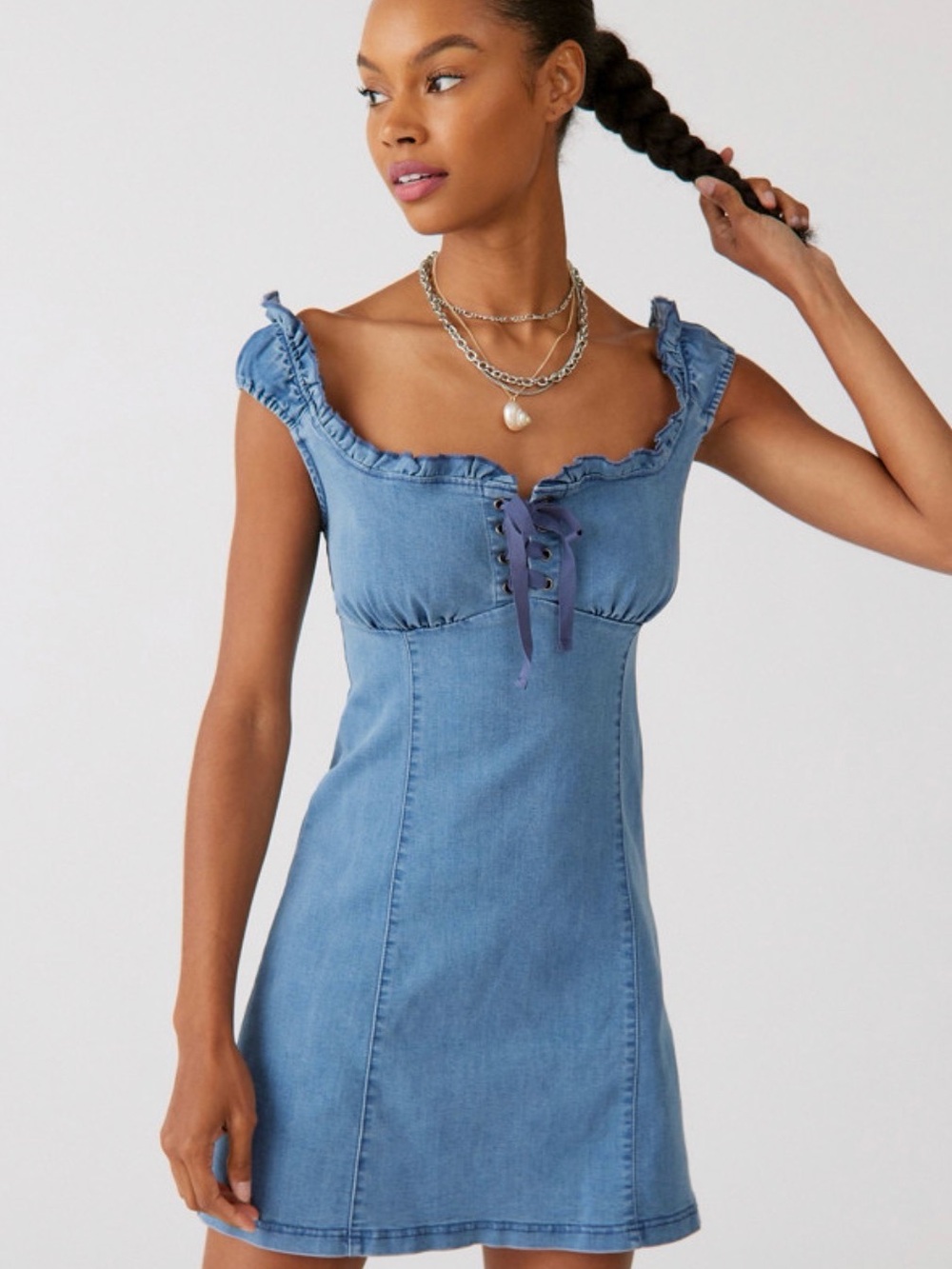 Urban Outfitters Light Blue Denim Lace-Up Ruffle Mini Dress